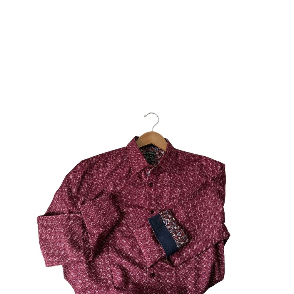 NIKO Milano Mens Size M Dark Burgundy With Light Pattern Long Sleeve Button Up
